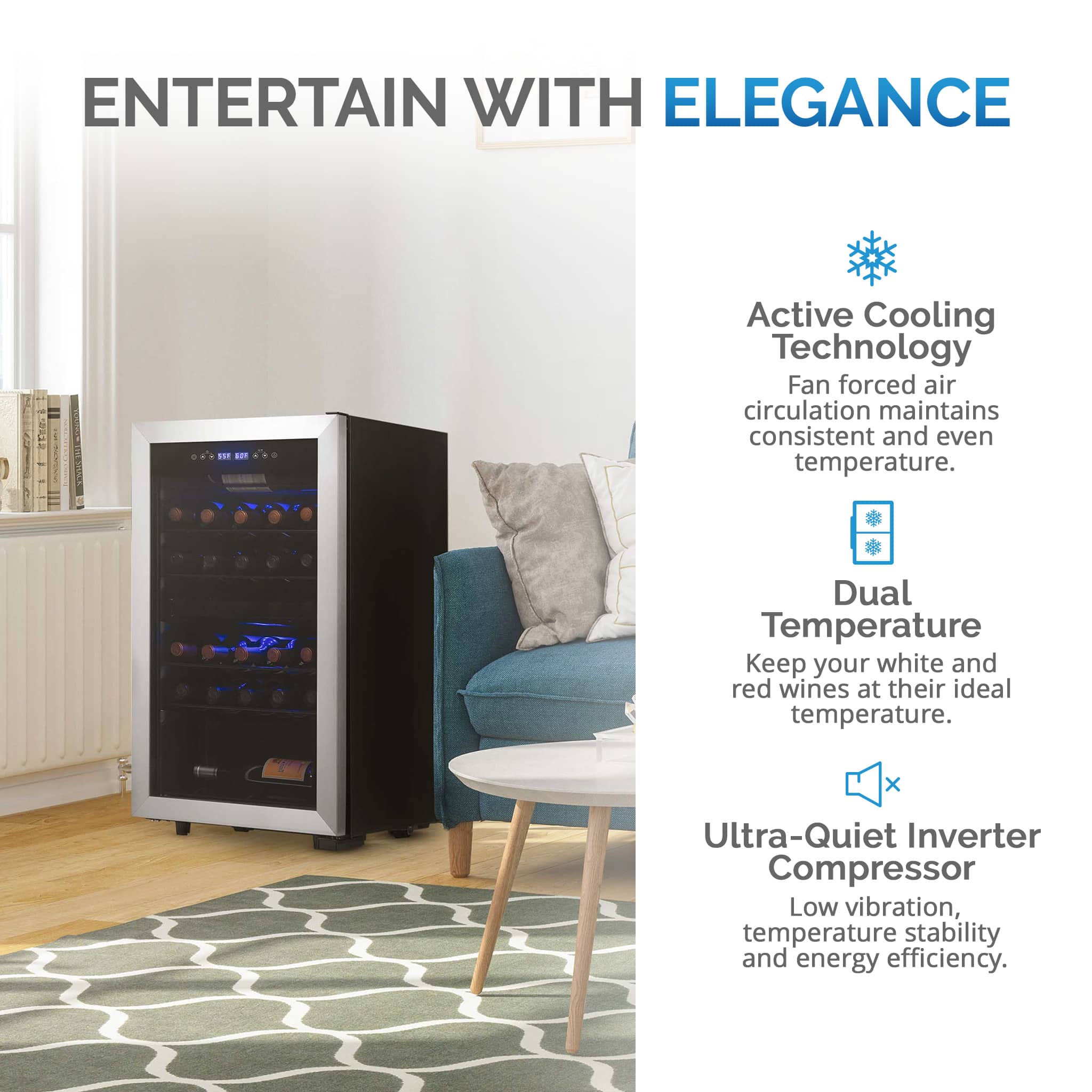 NewAir - Freestanding 28 Bottle Dual Zone Compressor Wine Fridge with Adjustable Racks and Exterior Digital Thermostat - Stainless Steel - Image 3