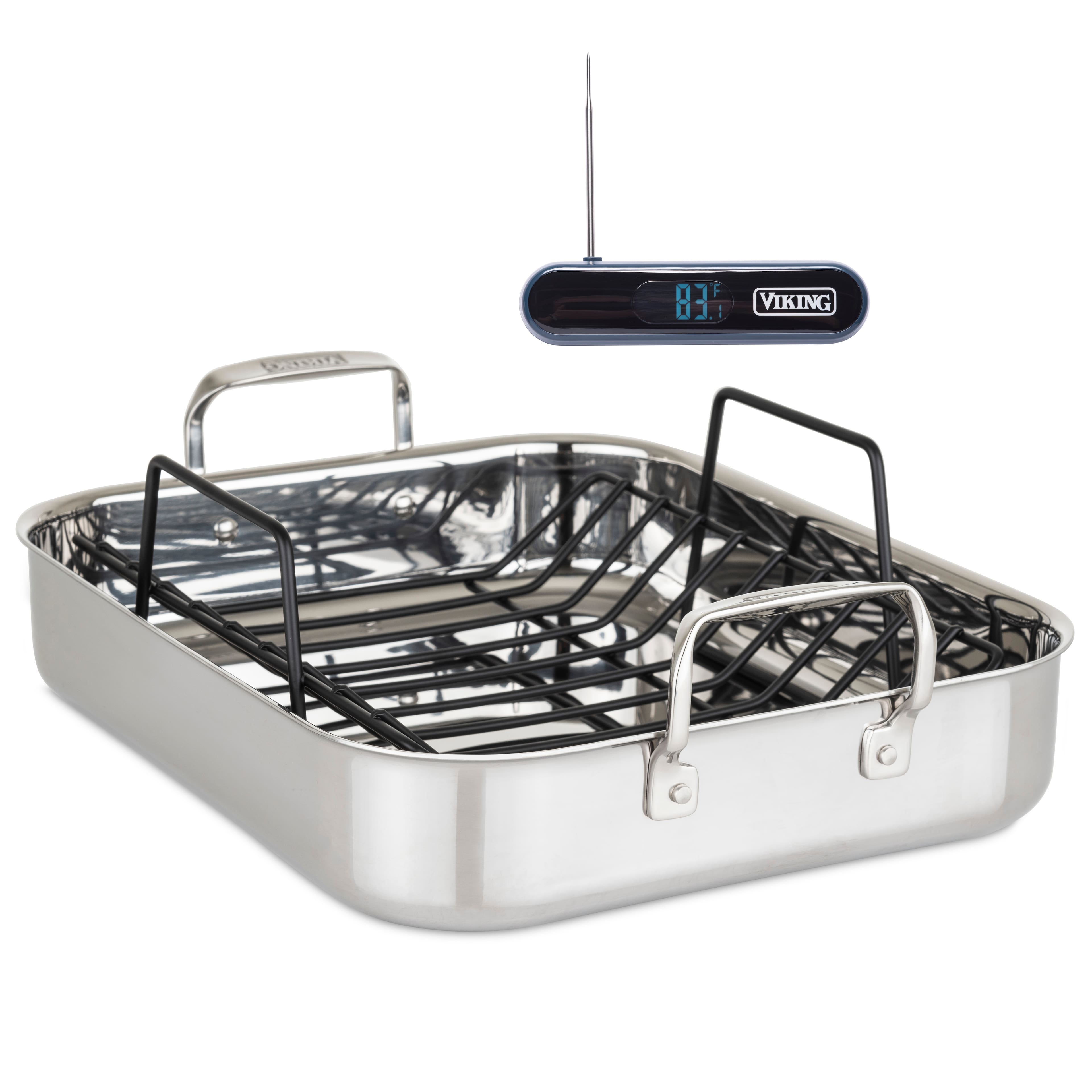 Viking - 3-Ply Stainless Steel Roasting Pan with Rack and Bonus Thermometer - Silver