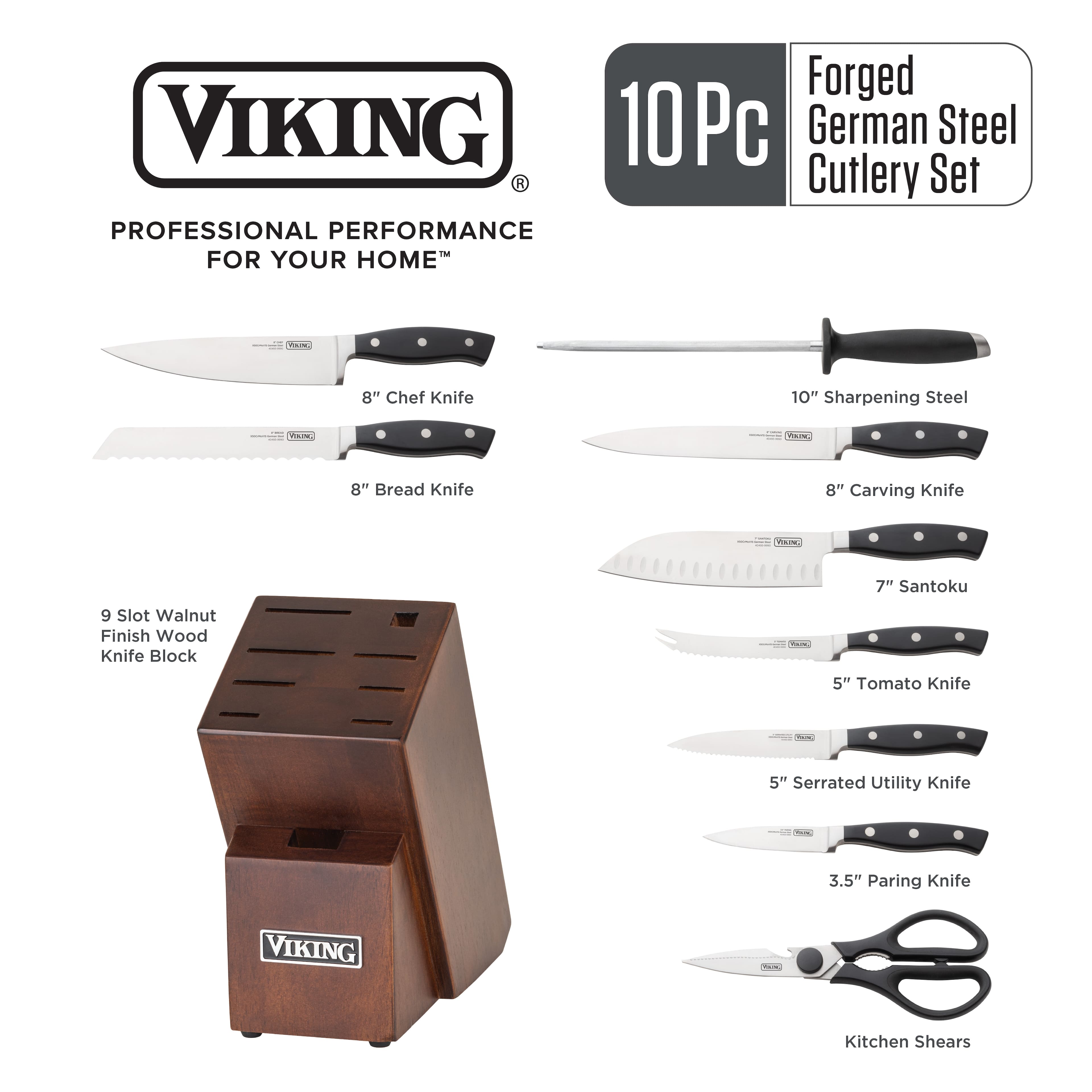 Viking - 10-Piece True Forged Cutlery Set with Walnut Block - Multicolor - Image 4