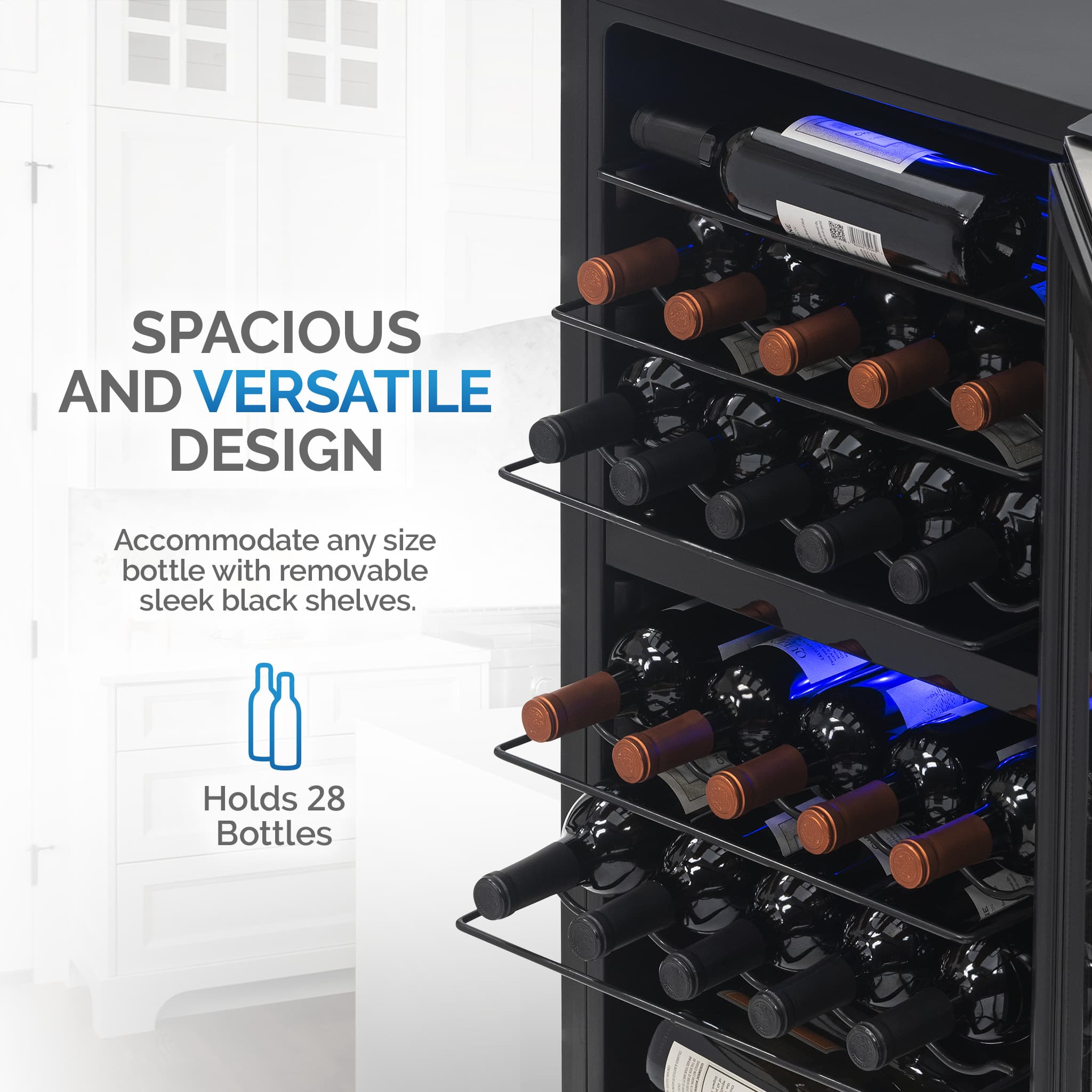 NewAir - Freestanding 28 Bottle Dual Zone Compressor Wine Fridge with Adjustable Racks and Exterior Digital Thermostat - Stainless Steel - Image 2