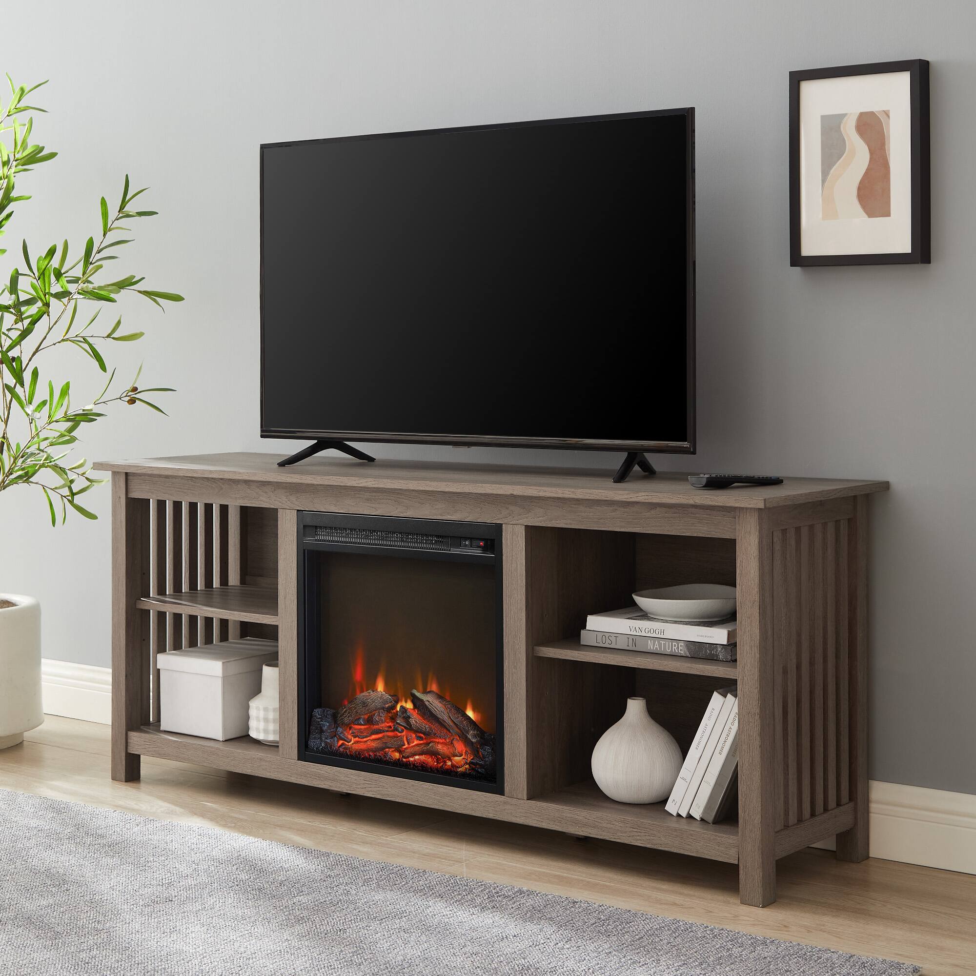 Walker Edison - Mission-Style Fireplace TV Stand for Most TVs up to 65” - Driftwood - Image 3