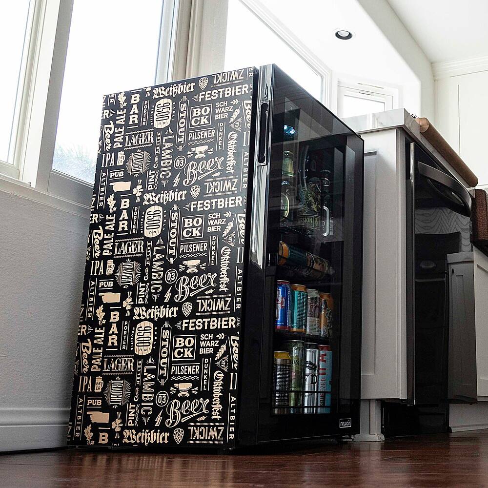 NewAir - 126-Can Beverage Cooler with “Beers of the World” Custom Wrap, Glass Door, Custom, SplitShelf and 7 Temperature Settings - Black - Image 3