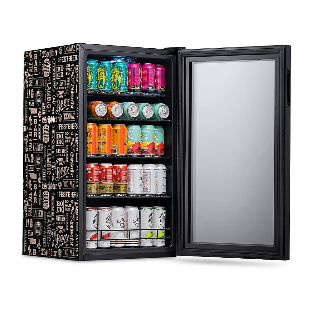 NewAir - 126-Can Beverage Cooler with “Beers of the World” Custom Wrap, Glass Door, Custom, SplitShelf and 7 Temperature Settings - Black - Image 8