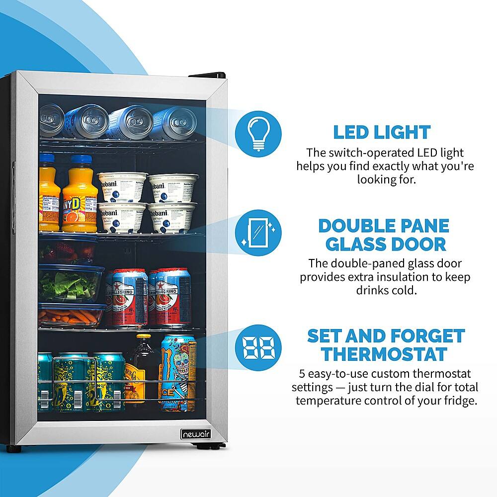 NewAir - 100-Can Beverage Cooler with Reversible Glass Door, Removable Wire Shelves, Double Pane Glass Doors, LED Light - Stainless Steel - Image 4