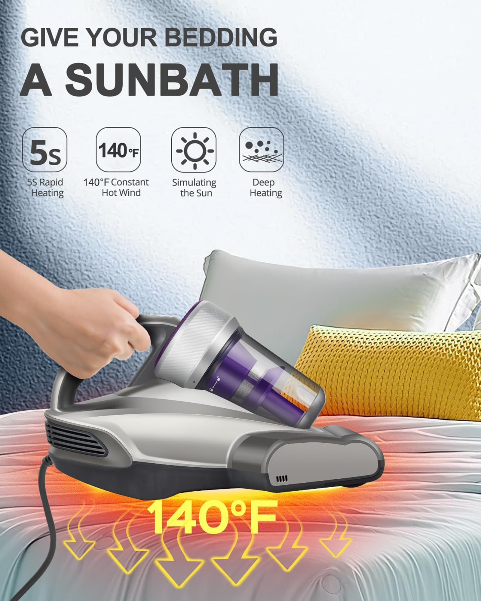 JIMMY - JV35 Mattress Bed Vacuum Cleaner with UV-C, 14Kpa Suction, 480W Anti-Allergen Handheld Vacuums for Dust & Pet Hair - Gray - Image 4