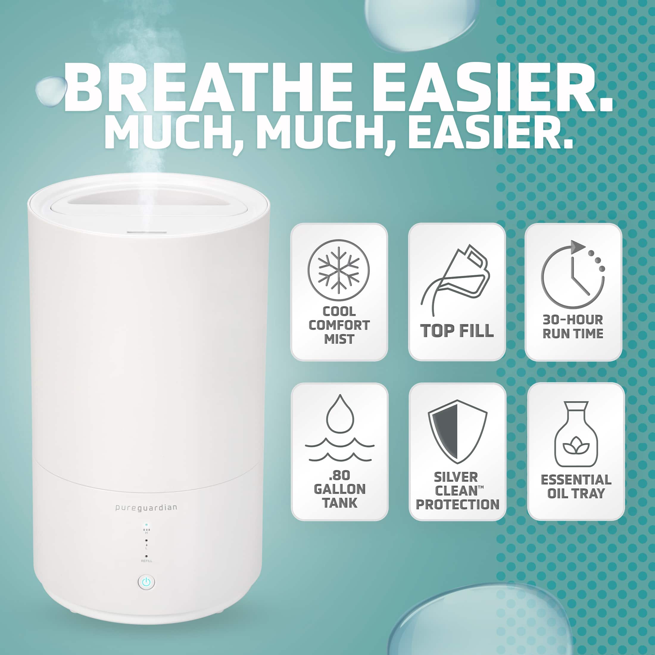 PureGuardian - H950AR Ultrasonic Cool Mist Top Fill Humidifier with Aromatherapy, .80-Gallon - White - Image 2