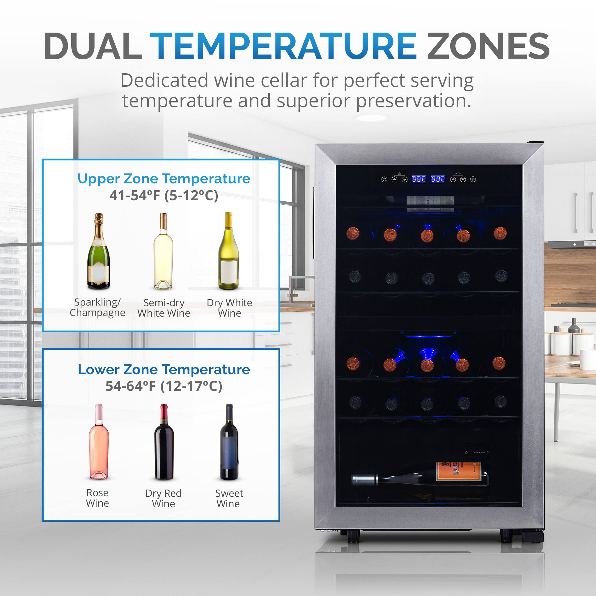 NewAir - Freestanding 28 Bottle Dual Zone Compressor Wine Fridge with Adjustable Racks and Exterior Digital Thermostat - Stainless Steel - Image 8